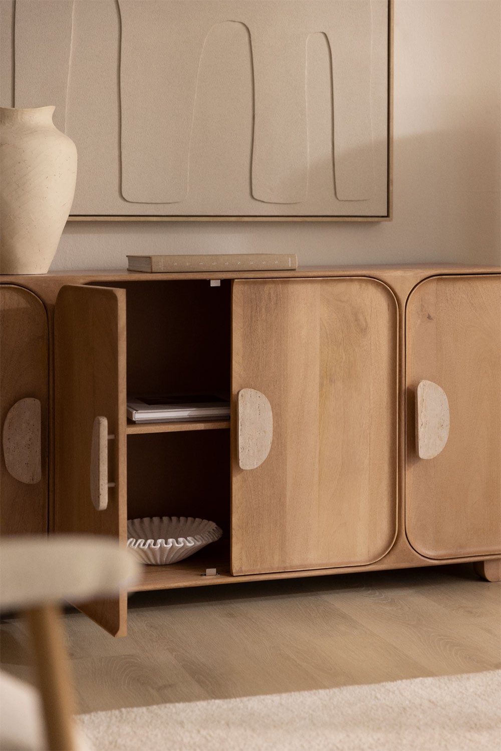 Buffet 160x45 cm en bois de manguier et pierre naturelle Kivalina