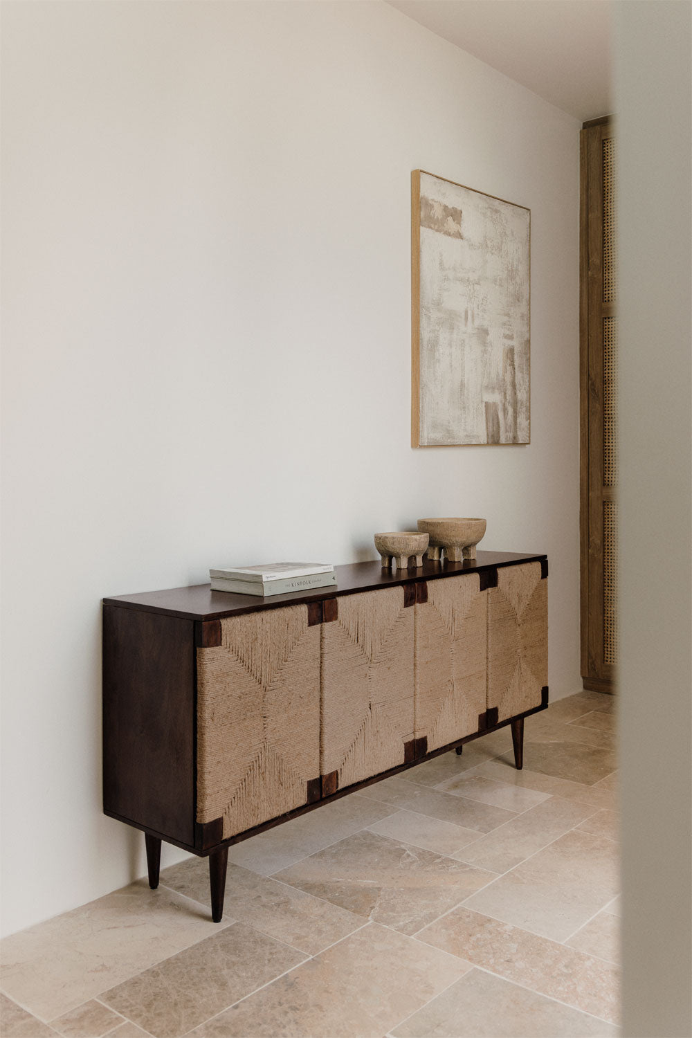Buffet 160x40 cm en bois de manguier et jute Evans