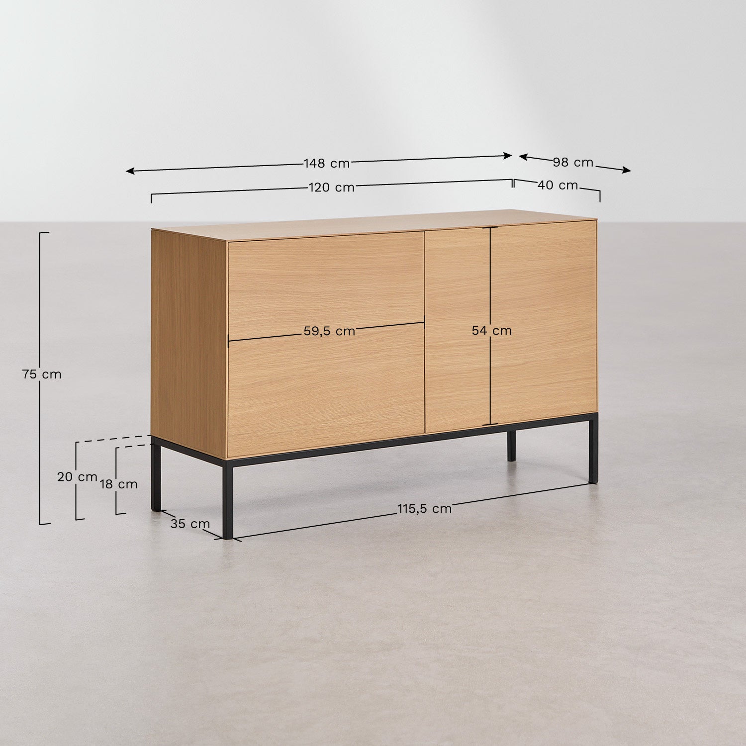 Buffet rectangulaire 120x40 cm en MDF et placage chêne Bromley