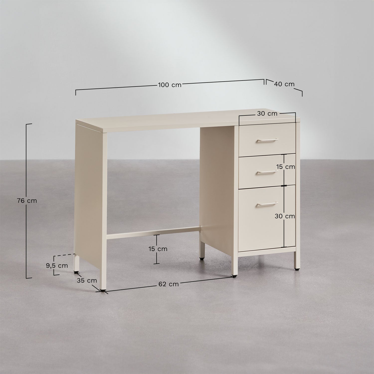 Bureau 100x40 cm en acier avec tiroirs Janine