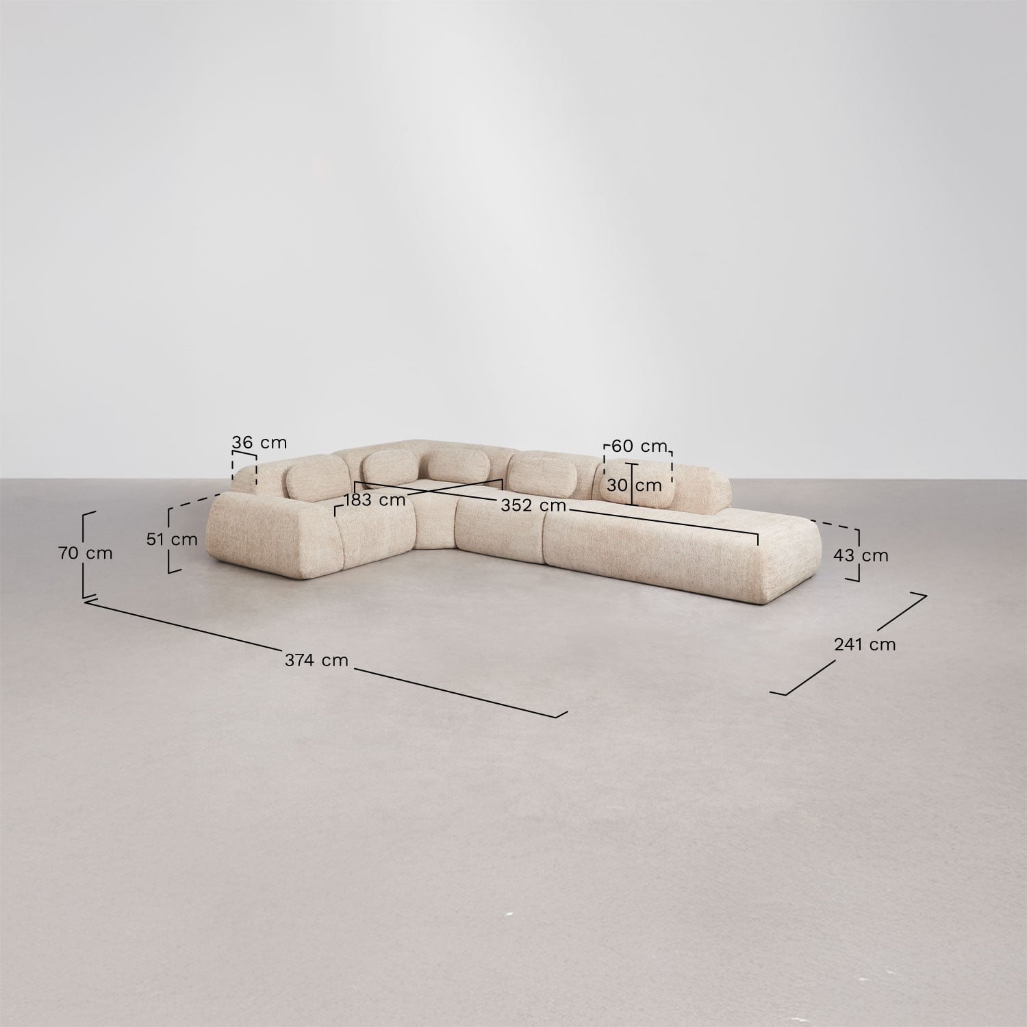 Canapé d'angle modulaire 4 pièces avec méridienne droite en chenille emballé sous vide Merida