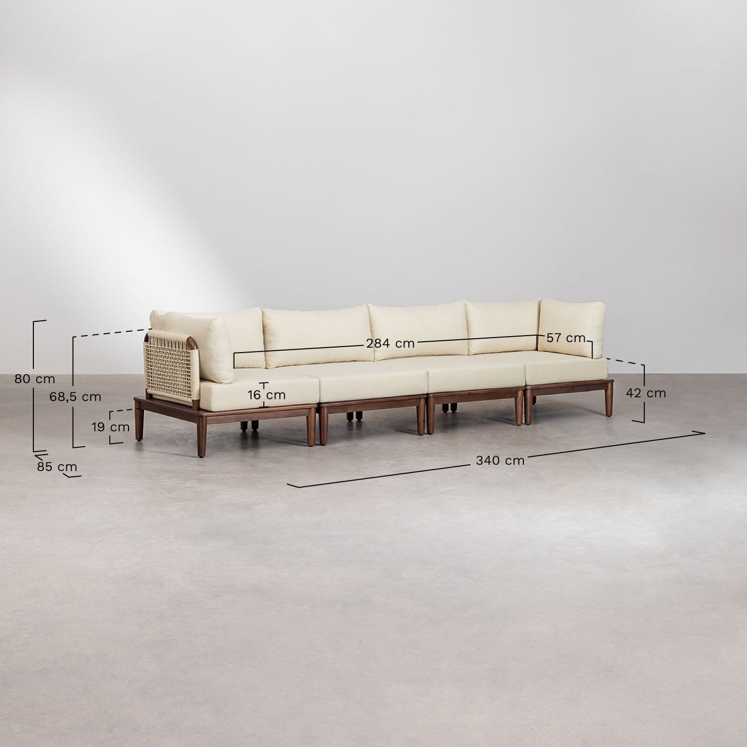 Canapé modulaire 4 pièces avec 2 fauteuils d'angle en acacia Giulia