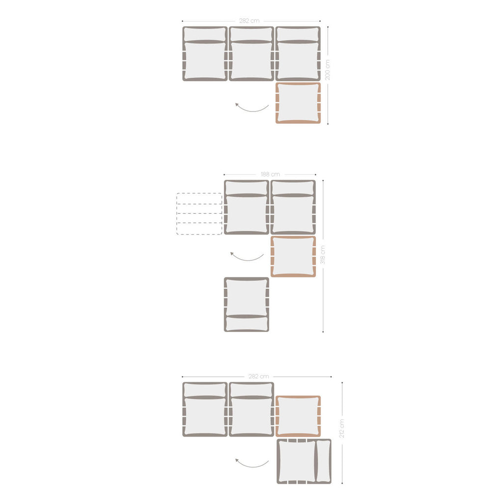 Canapé inclinable modulaire 3 pièces avec pouf en bois d'acacia Brina