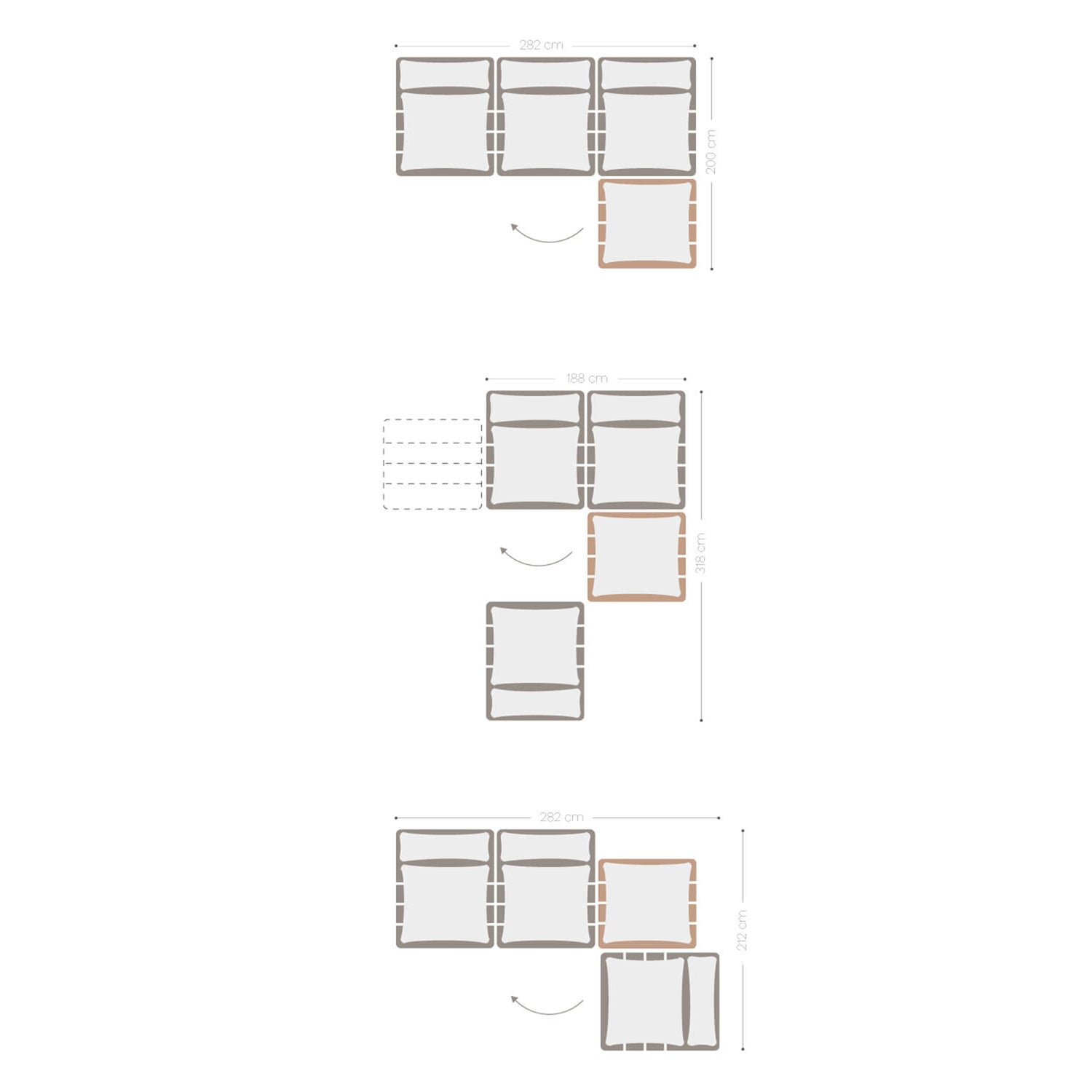 Canapé inclinable modulaire 3 pièces avec pouf en bois d'acacia Brina