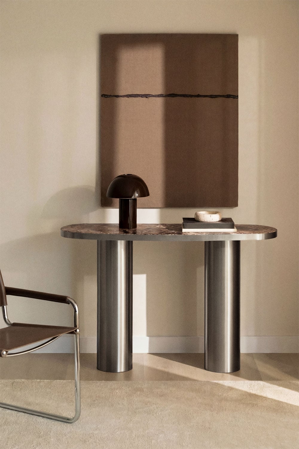 Console d'entrée ovale 120x40 cm en pierre naturelle et acier inoxydable Fertrix