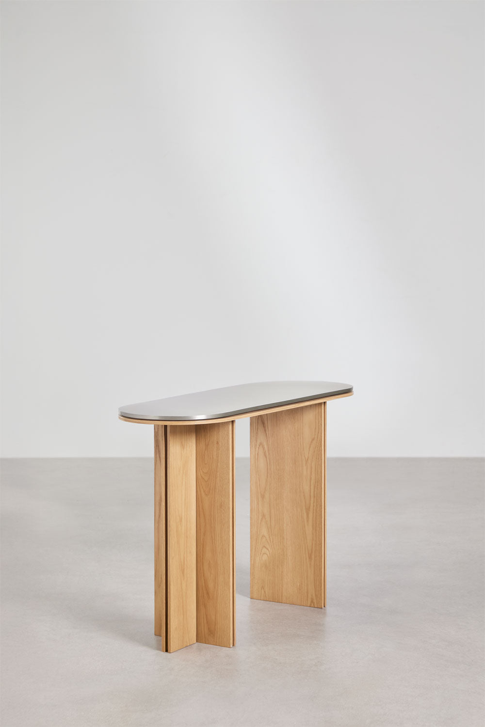 Console d'entrée ovale 120x40 cm en placage chêne et acier inoxydable Lindina
