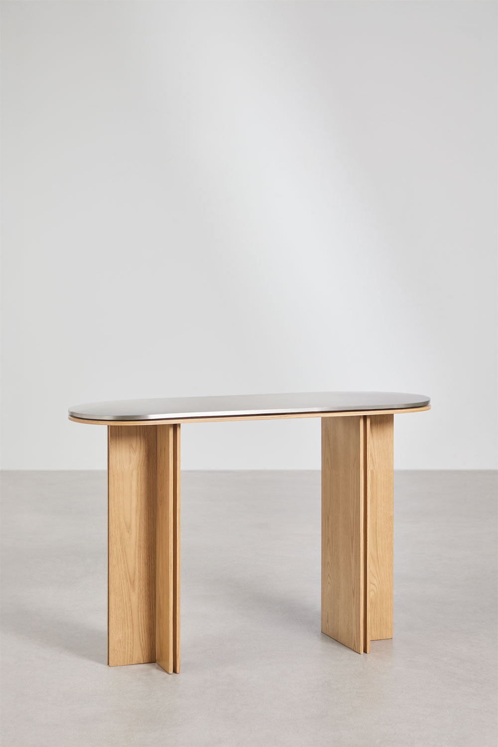 Console d'entrée ovale 120x40 cm en placage chêne et acier inoxydable Lindina