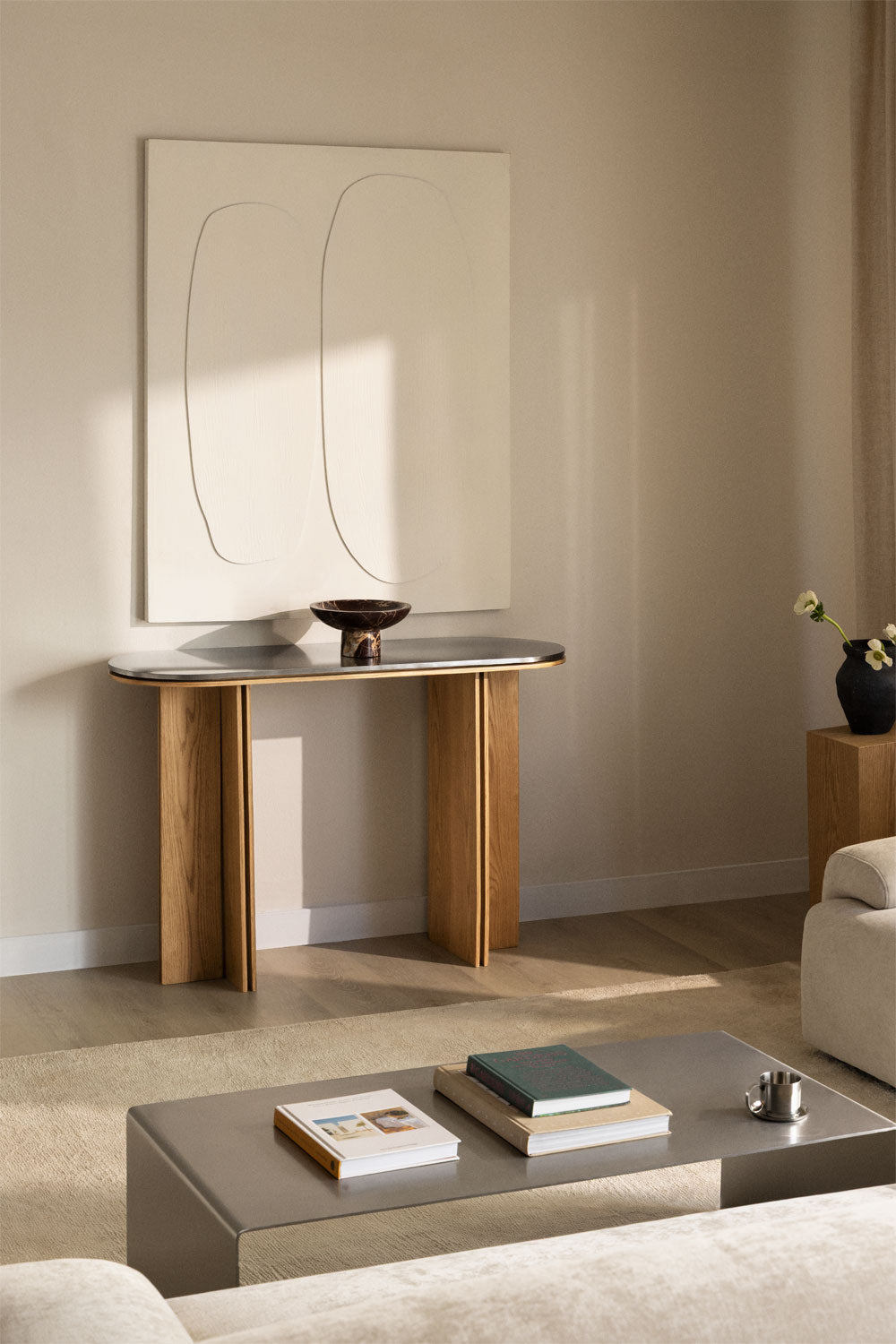 Console d'entrée ovale 120x40 cm en placage chêne et acier inoxydable Lindina