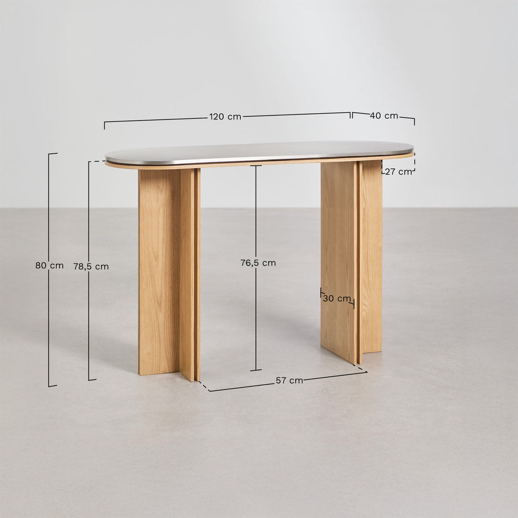 Console d'entrée ovale 120x40 cm en placage chêne et acier inoxydable Lindina