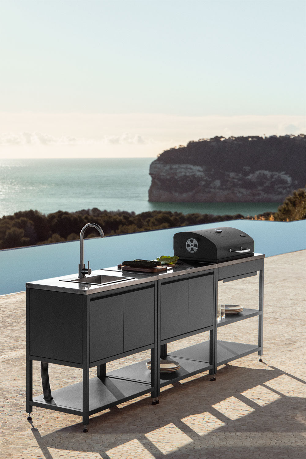 Cuisine modulaire d'extérieur 3 pièces avec évier, rangement et barbecue au charbon en acier Savona