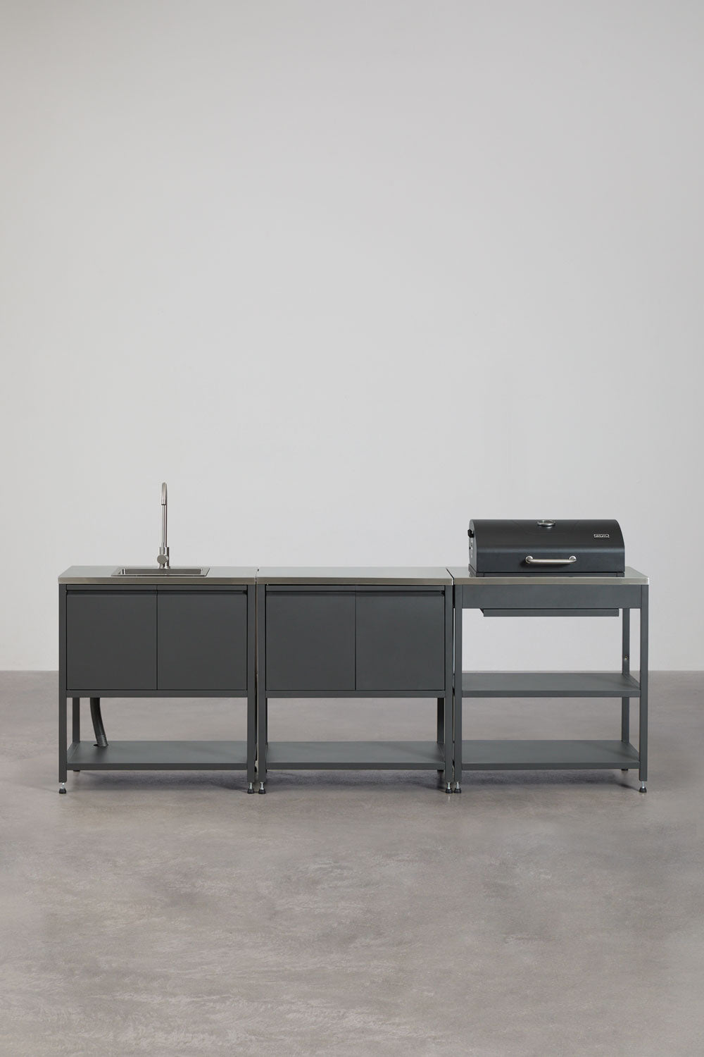 Cuisine modulaire d'extérieur 3 pièces avec évier, rangement et barbecue au charbon en acier Savona