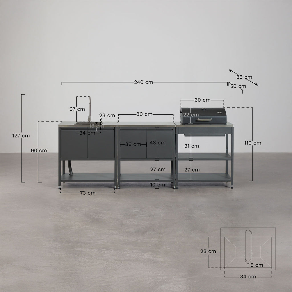 Cuisine modulaire d'extérieur 3 pièces avec évier, rangement et barbecue au charbon en acier Savona