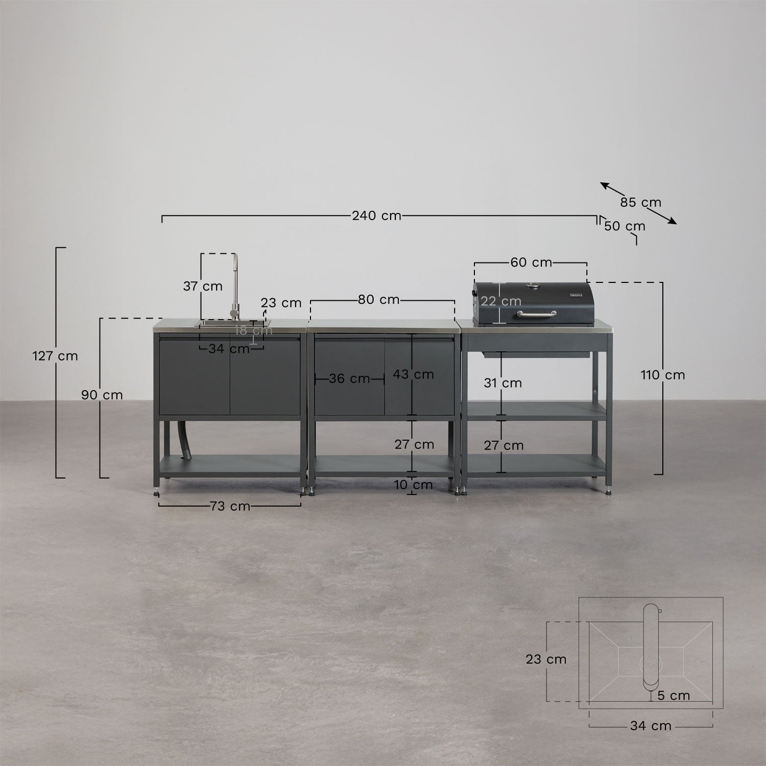 Cuisine modulaire d'extérieur 3 pièces avec évier, rangement et barbecue au charbon en acier Savona