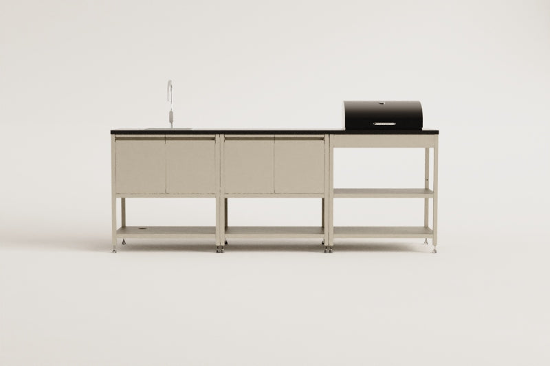 Cuisine modulaire d'extérieur 3 pièces avec évier, rangement et barbecue au charbon en acier Savona