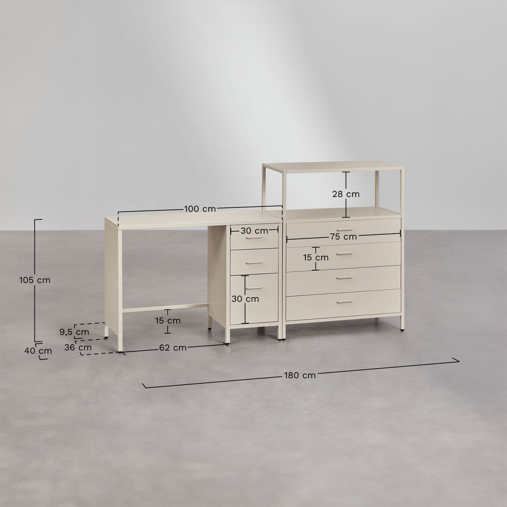Ensemble de bureau avec tiroirs et caisson en acier Janine