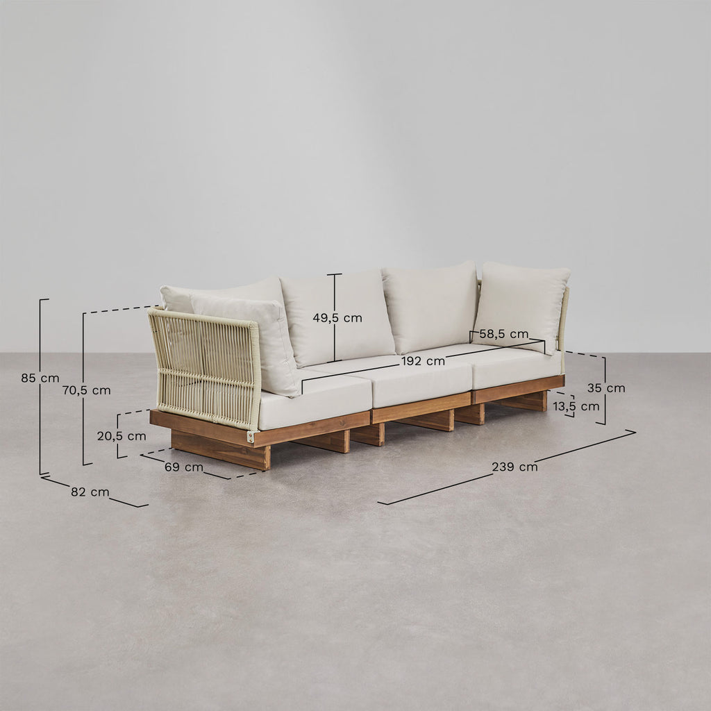 Ensemble de salon avec canapé modulable 3 pièces avec 2 fauteuils d'angle, table basse et pouf en bois d'acacia Dailin