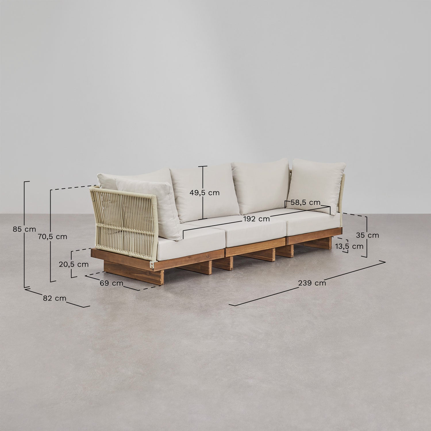 Ensemble de salon avec canapé modulable 3 pièces avec 2 fauteuils d'angle, table basse et pouf en bois d'acacia Dailin