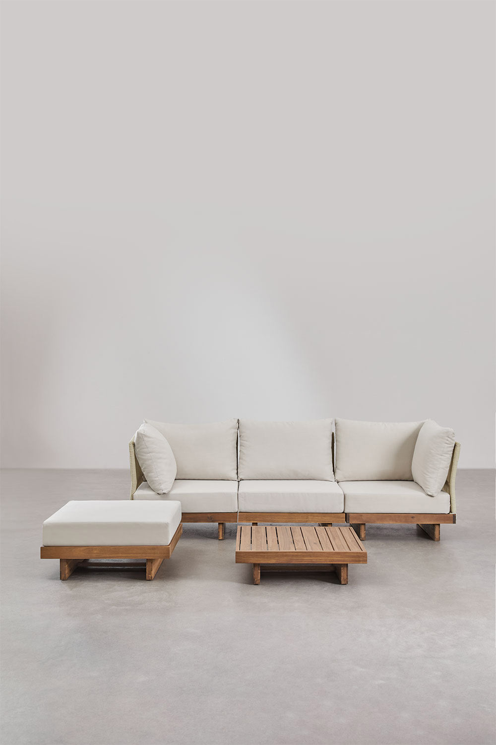 Ensemble de salon avec canapé modulable 3 pièces avec 2 fauteuils d'angle, table basse et pouf en bois d'acacia Dailin