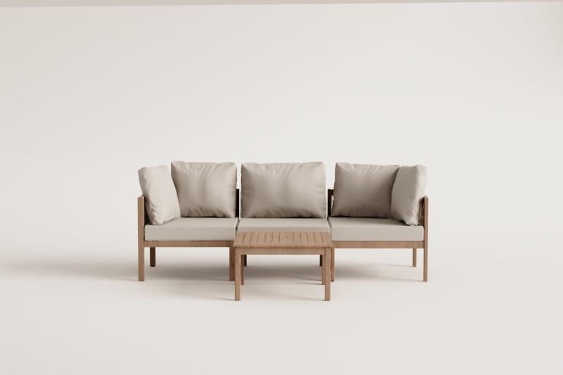 Ensemble de salon avec canapé modulaire 3 pièces avec accoudoirs et table basse en bois d'acacia Branson