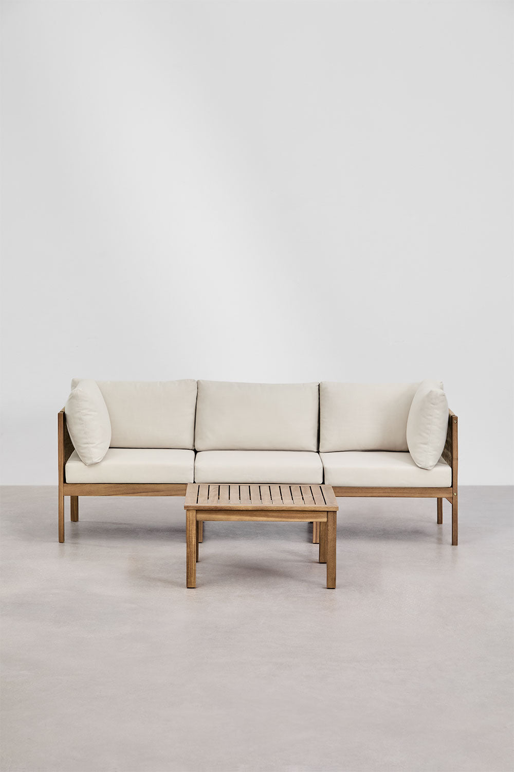 Ensemble de salon avec canapé modulaire 3 pièces avec accoudoirs et table basse en bois d'acacia Branson
