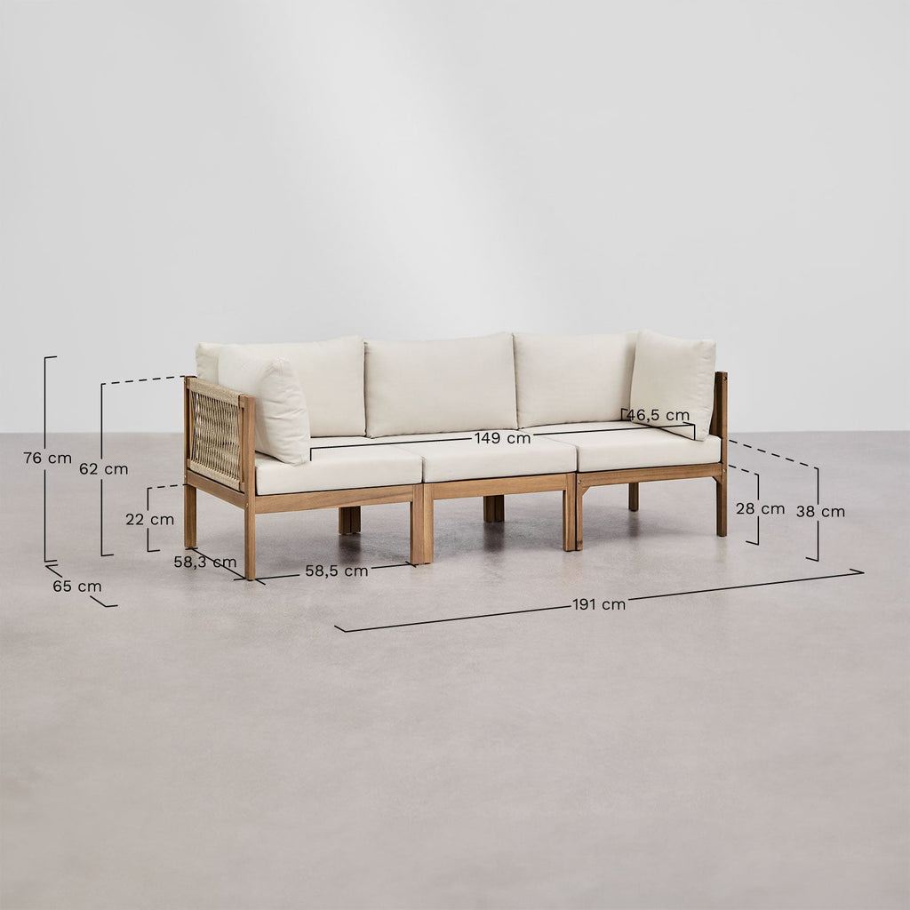 Ensemble de salon avec canapé modulaire 3 pièces avec accoudoirs et table basse en bois d'acacia Branson