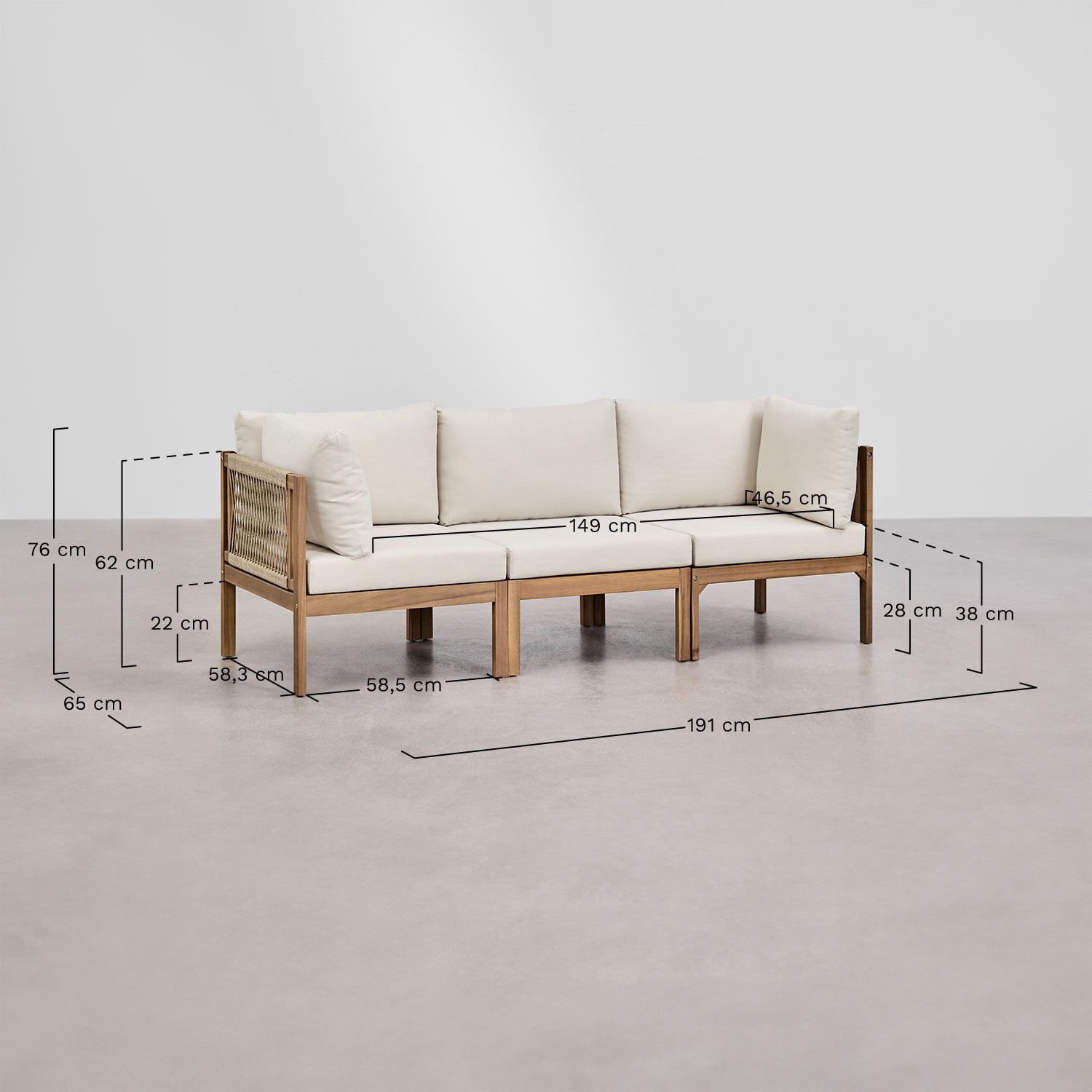 Ensemble de salon avec canapé modulaire 3 pièces avec accoudoirs et table basse en bois d'acacia Branson