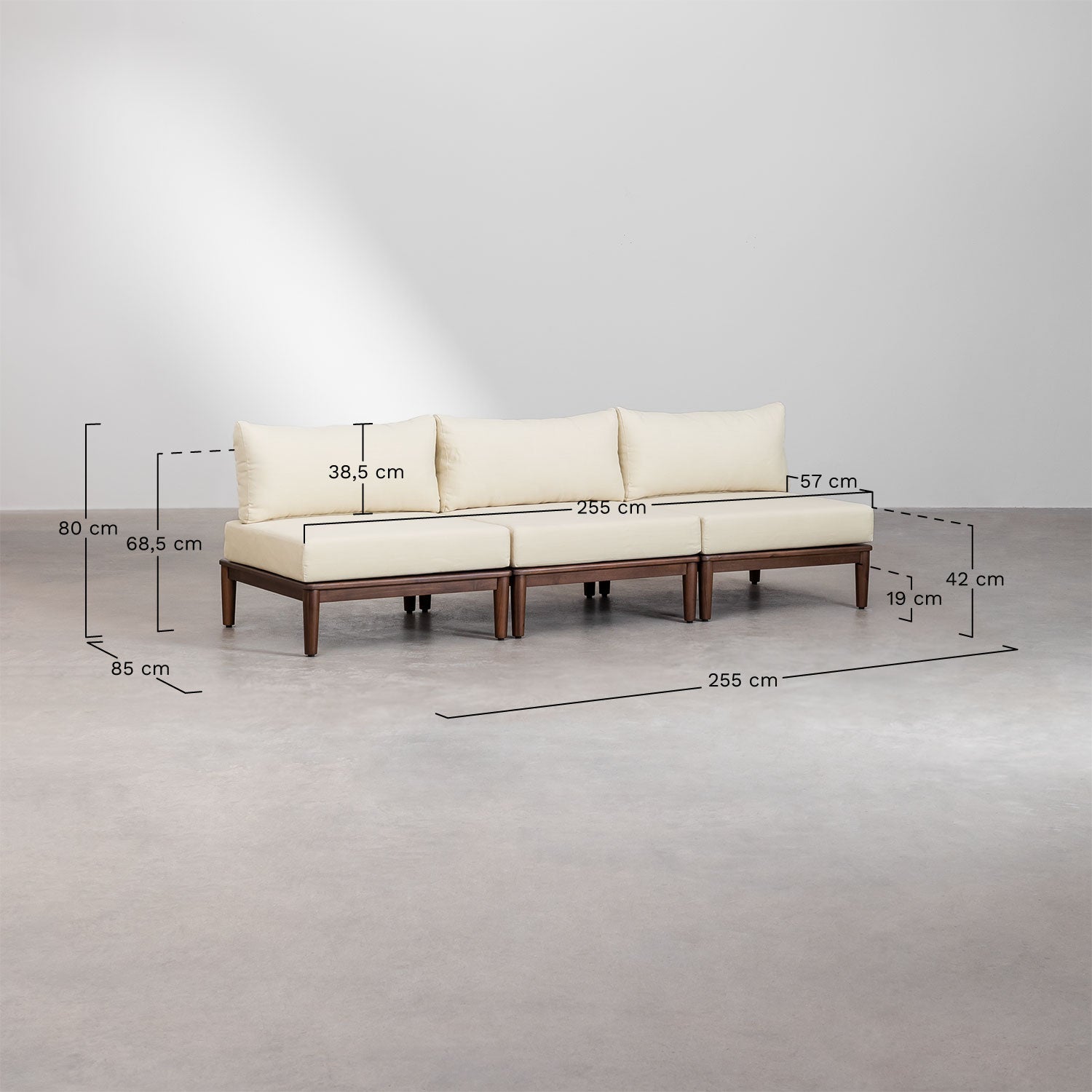 Ensemble de salon avec canapé modulaire 3 pièces et table basse en acacia Giulia