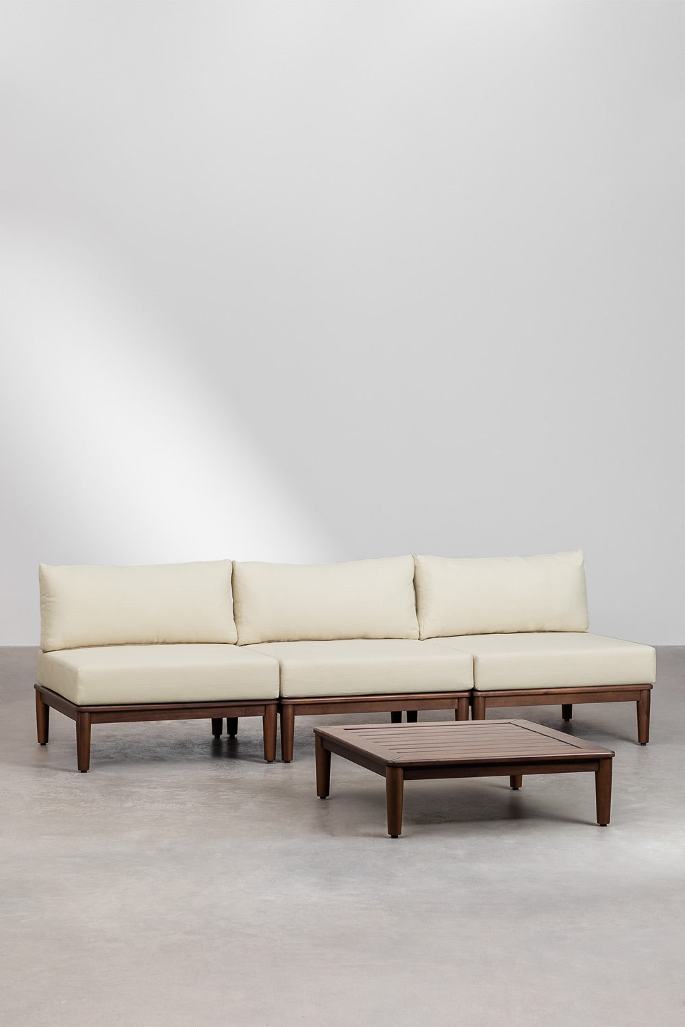 Ensemble de salon avec canapé modulaire 3 pièces et table basse en acacia Giulia