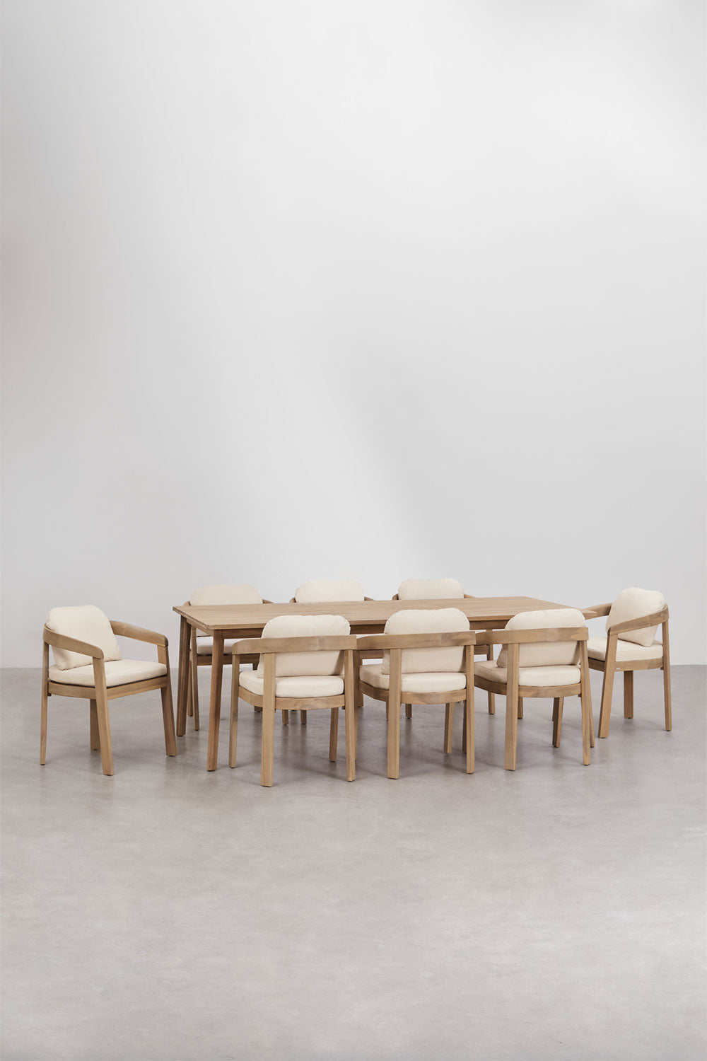 Set de table rectangulaire 220x100 cm en bois d'acacia Kaela et 8 chaises de jardin en bois d'acacia Uleno