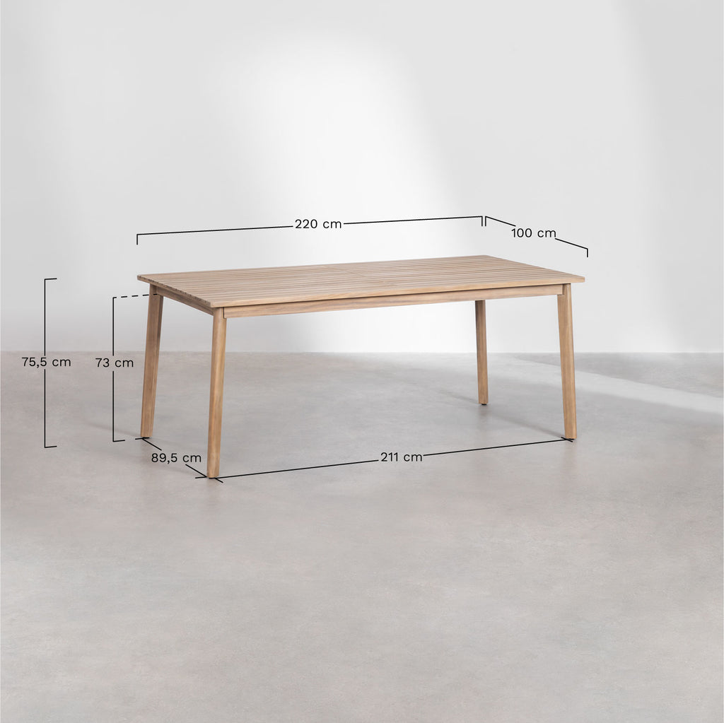 Set de table rectangulaire 220x100 cm en bois d'acacia Kaela et 8 chaises de jardin en bois d'acacia Uleno