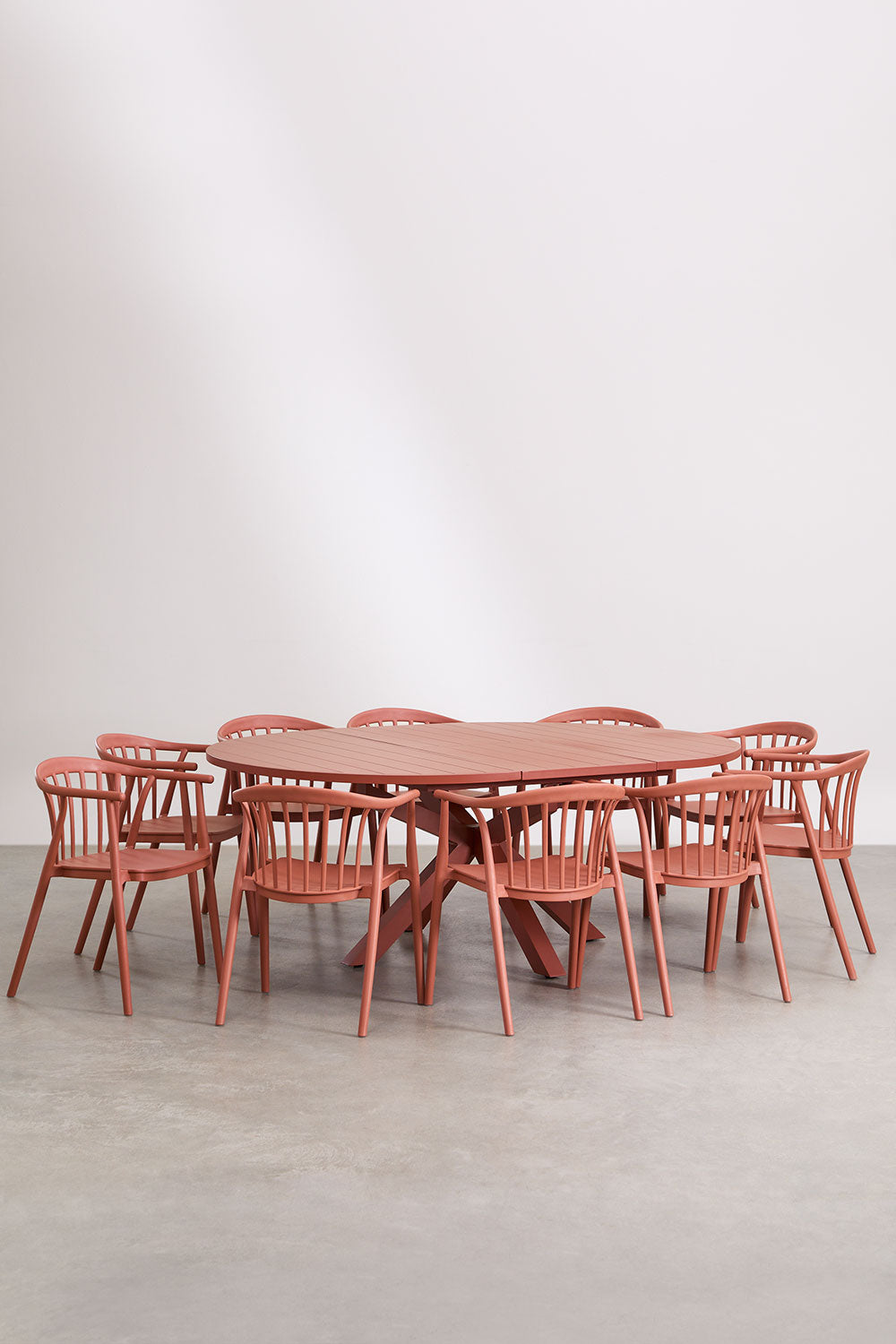 Set de table extensible 145-200x145 cm en aluminium Barces et 10 chaises de salle à manger empilables avec accoudoirs Ivor