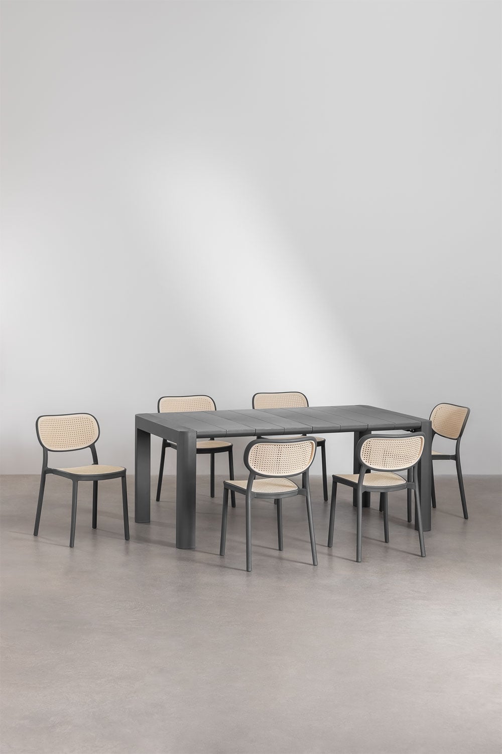 Ensemble de table rectangulaire 180x100 cm Arnadine et 6 chaises de salle à manger empilables en polypropylène Omara