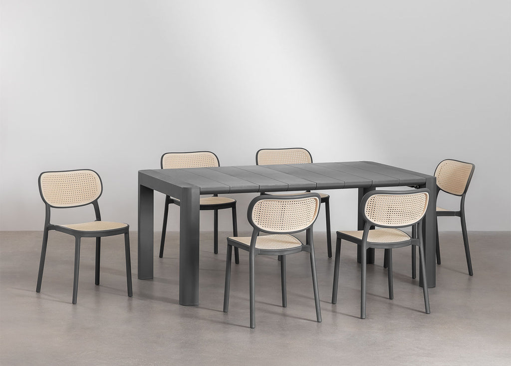 Ensemble de table rectangulaire 180x100 cm Arnadine et 6 chaises de salle à manger empilables en polypropylène Omara