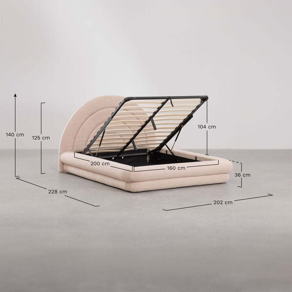 Lit avec coffre de rangement relevable en tissu bouclé Borzensi