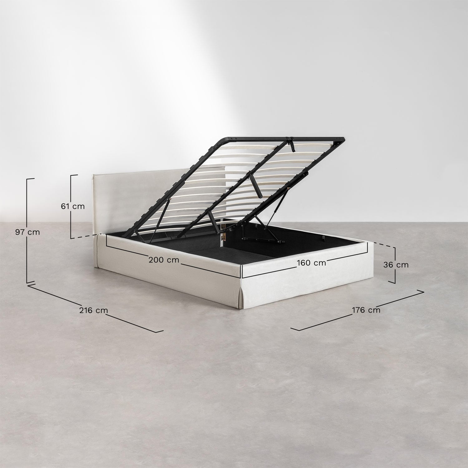 Lit avec coffre de rangement relevable tapissée Lorea