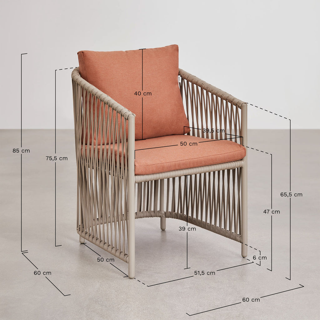 Lot de 4 chaises de salle à manger avec accoudoirs en aluminium et corde tressée Sophie