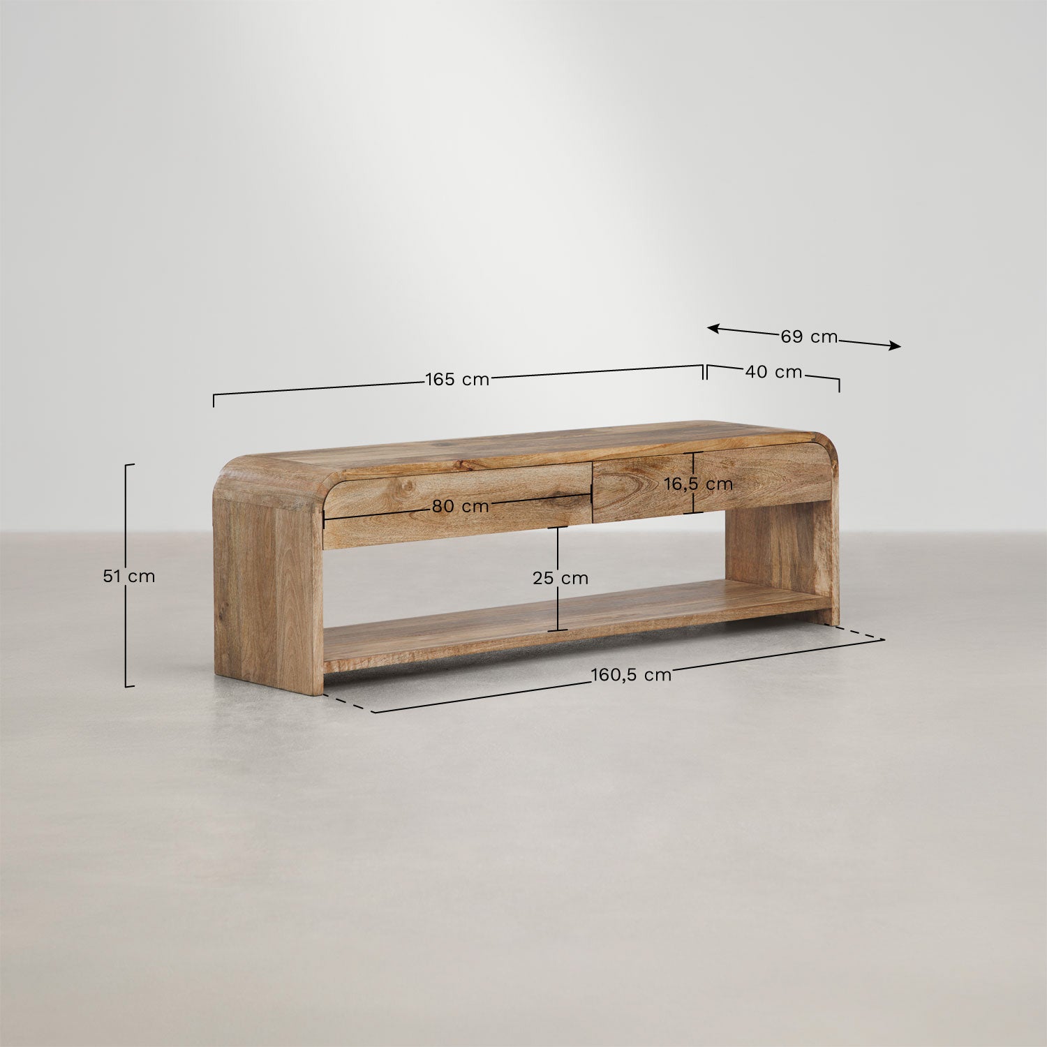 Meuble TV 165x40 cm avec rangement en bois de manguier Shelby