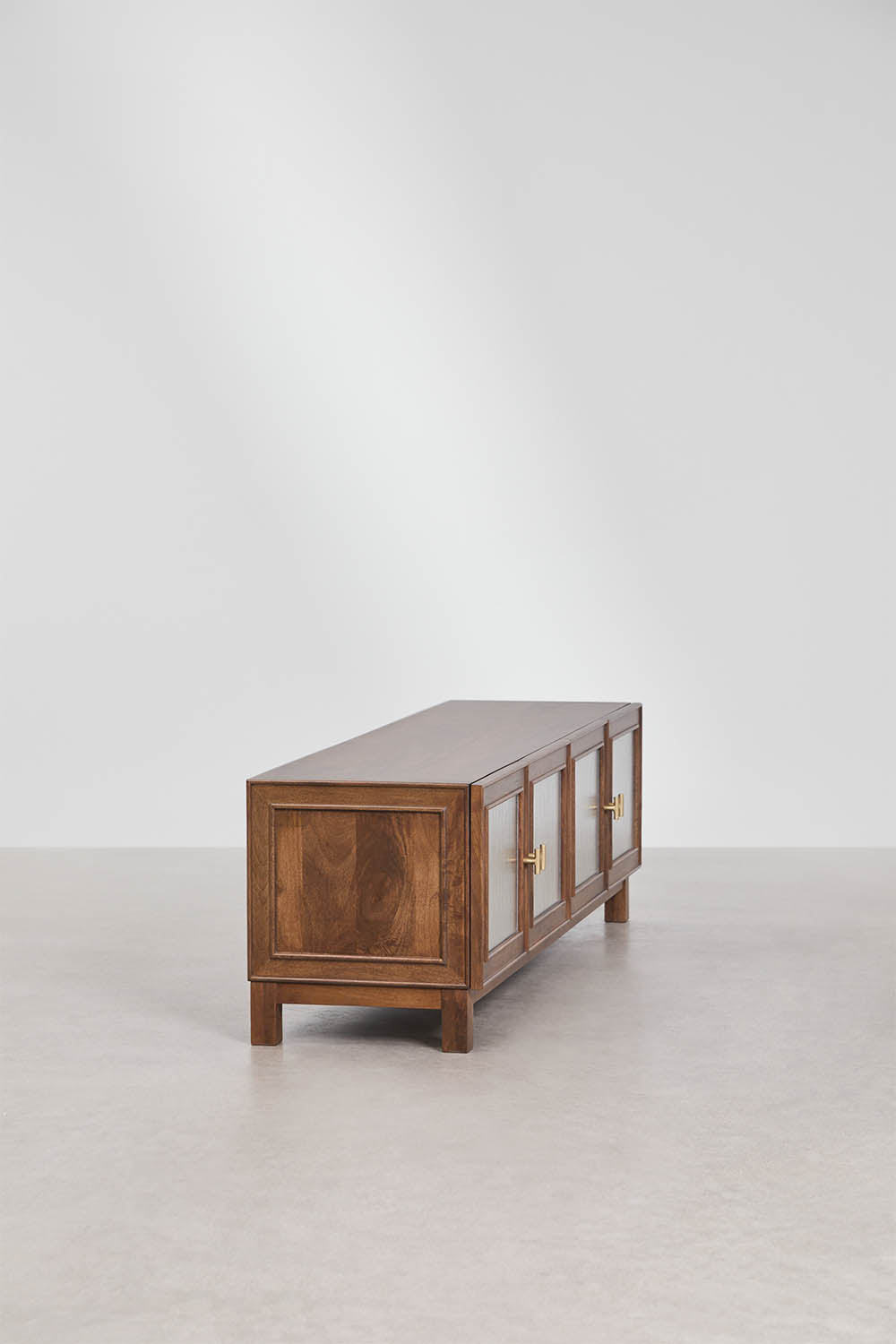 Meuble TV 170x45 cm en bois de manguier et verre Ildara