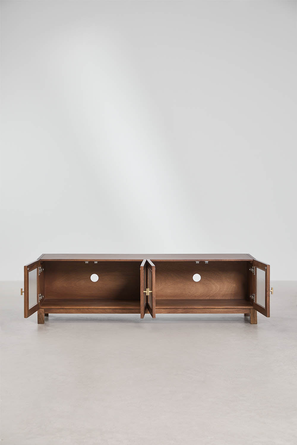 Meuble TV 170x45 cm en bois de manguier et verre Ildara