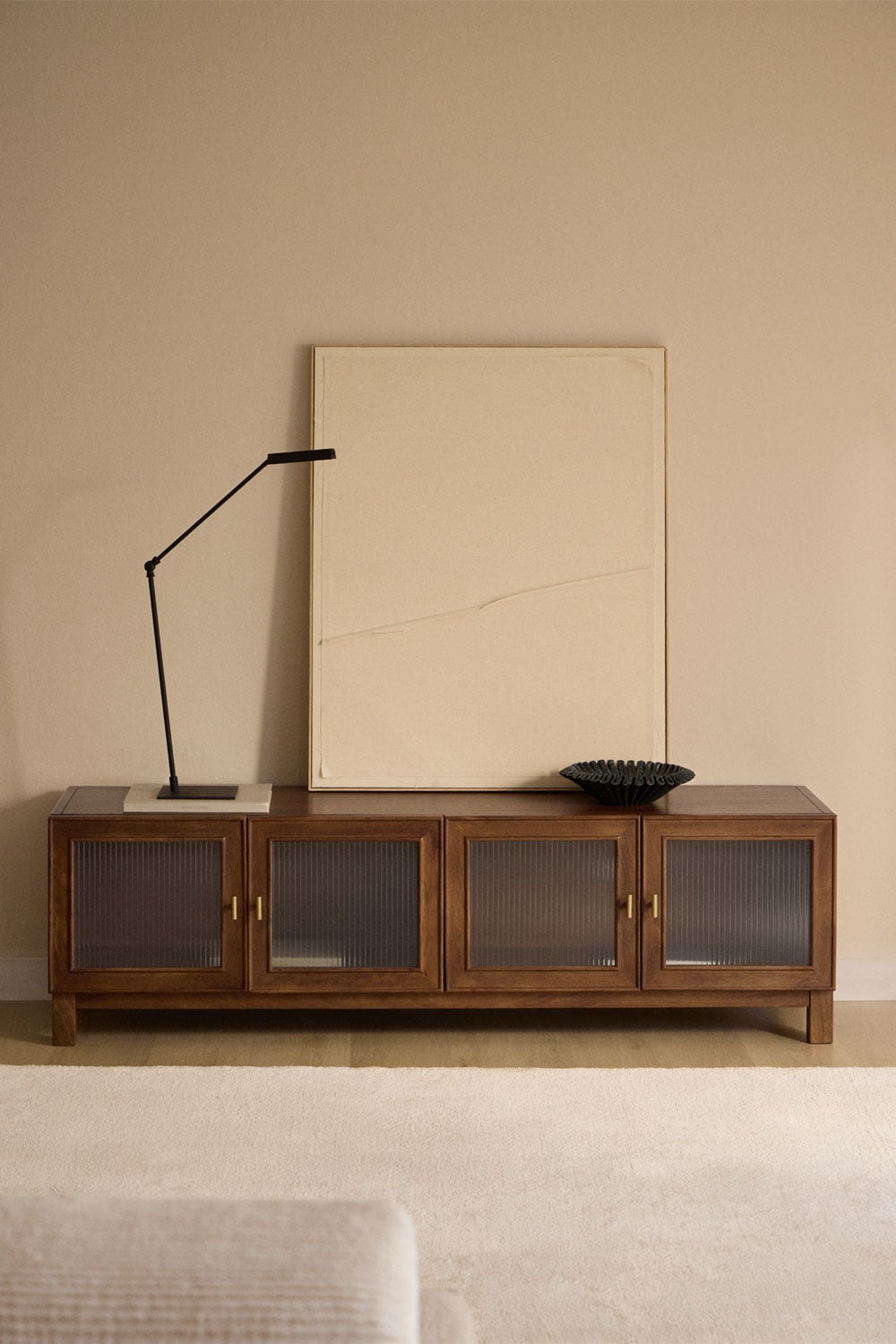 Meuble TV 170x45 cm en bois de manguier et verre Ildara