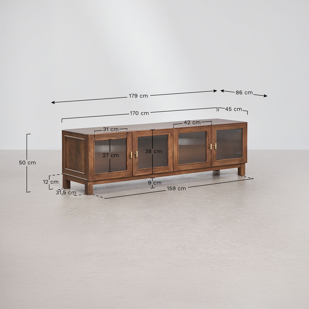 Meuble TV 170x45 cm en bois de manguier et verre Ildara