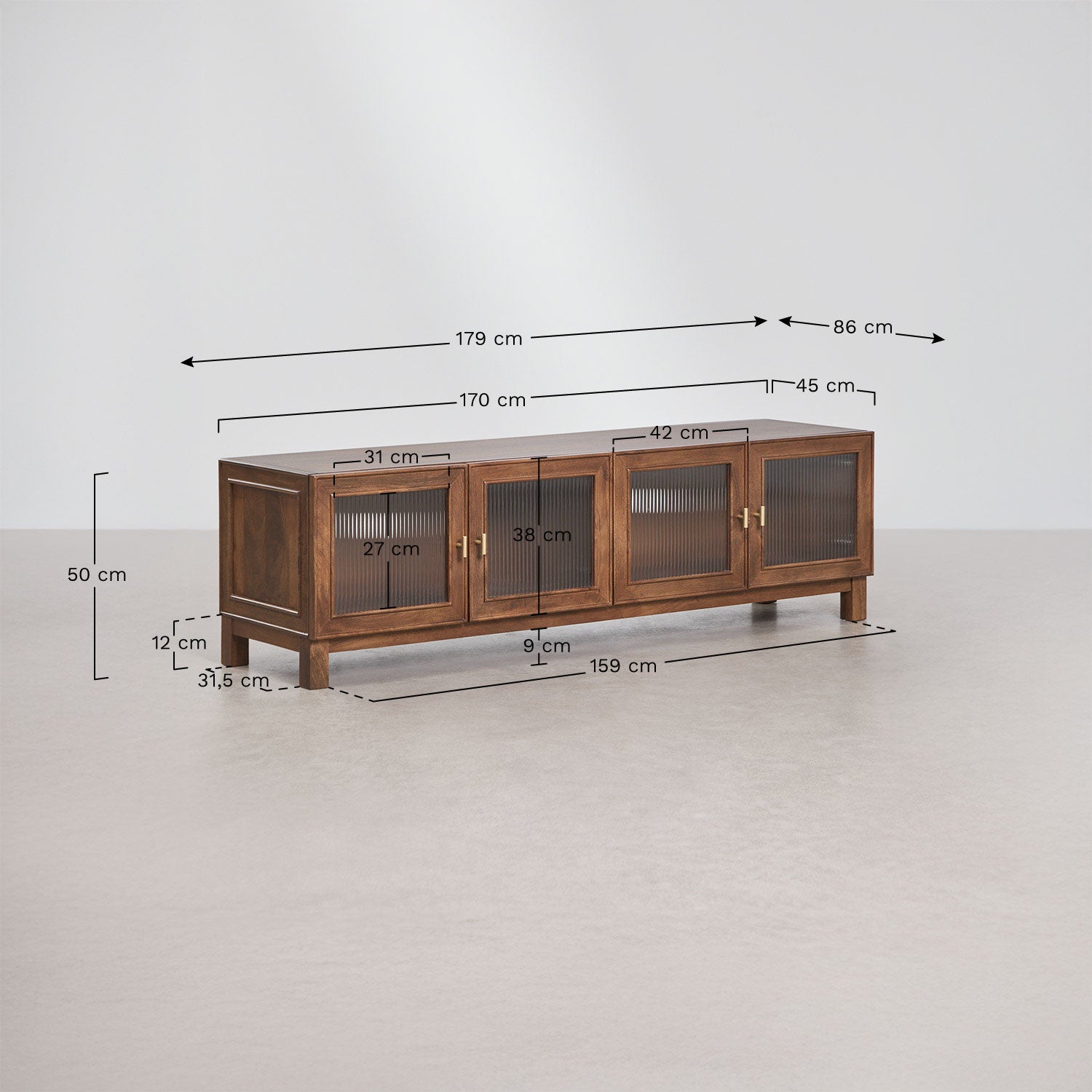 Meuble TV 170x45 cm en bois de manguier et verre Ildara