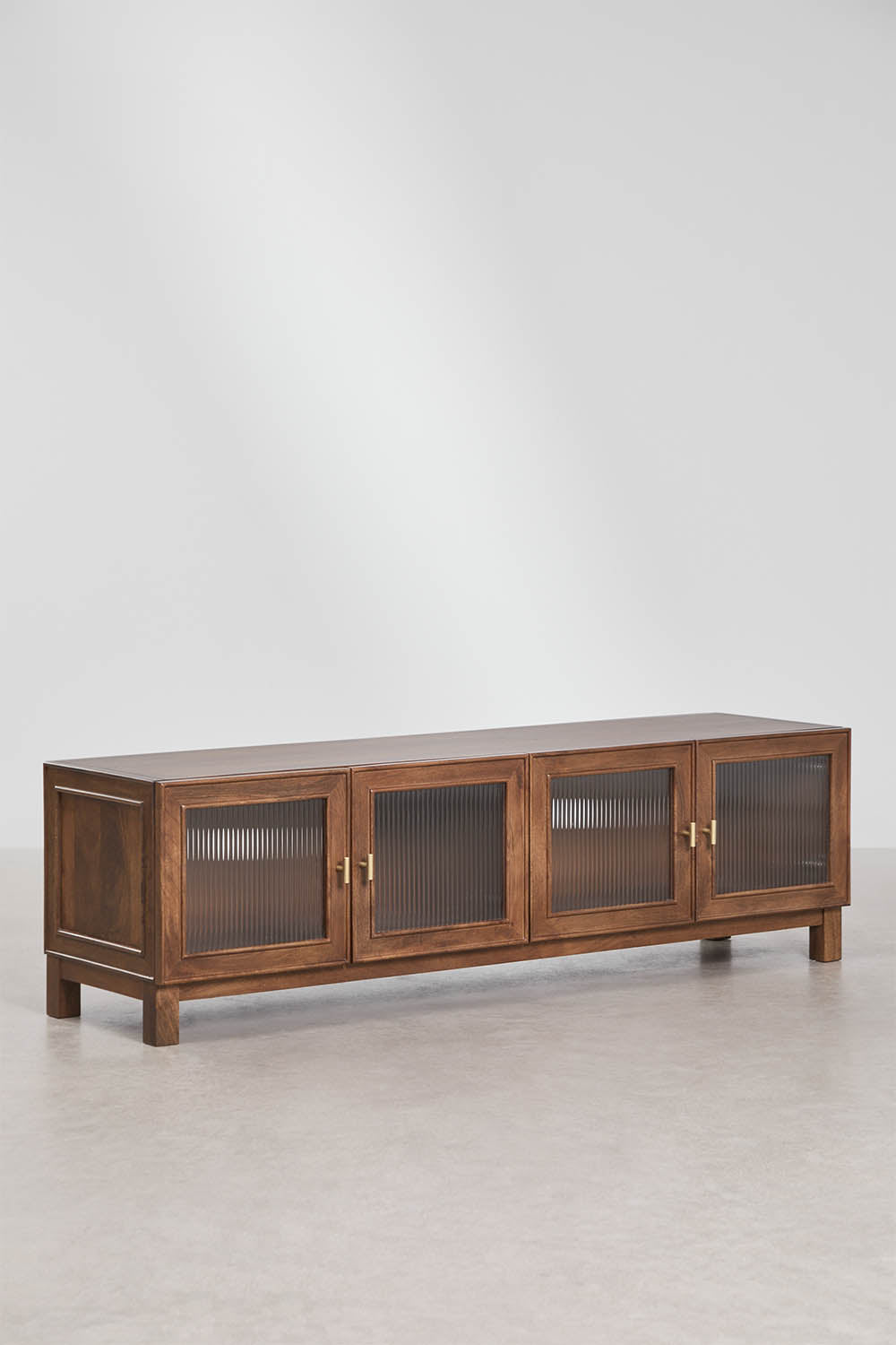 Meuble TV 170x45 cm en bois de manguier et verre Ildara
