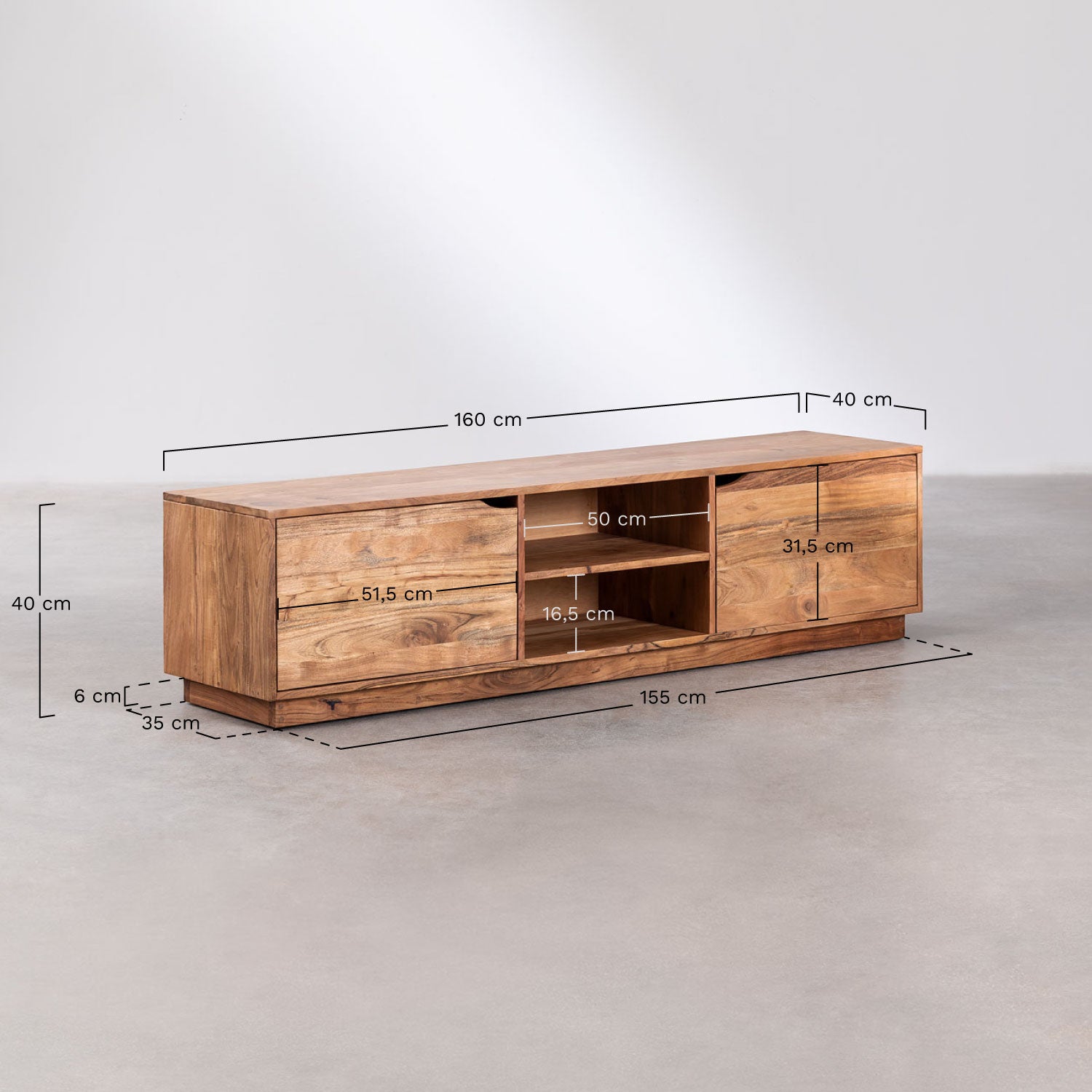 Meuble TV 160x40 cm avec étagère en bois d'acacia Tasmani