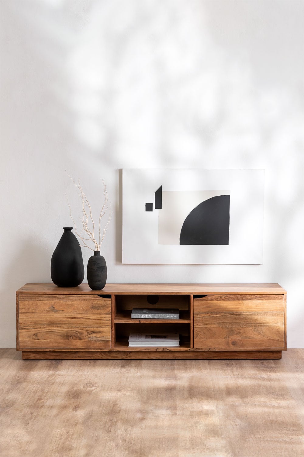 Meuble TV 160x40 cm avec étagère en bois d'acacia Tasmani