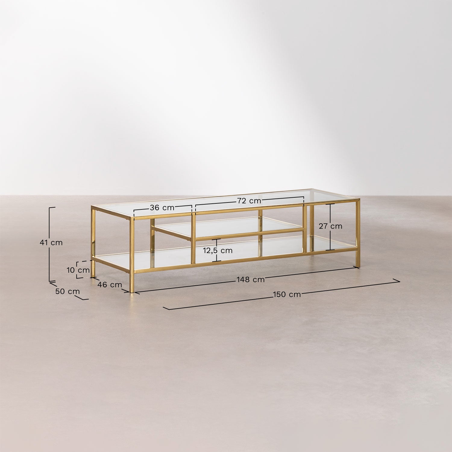 Meuble TV 150x50 cm en verre et acier Amelia