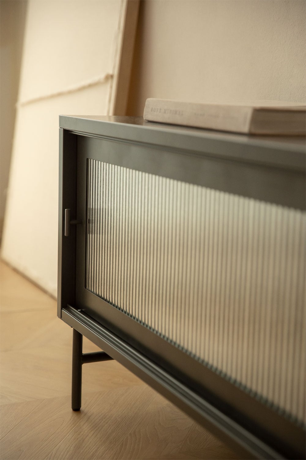 Meuble TV 180x40 cm en acier et verre Paoline