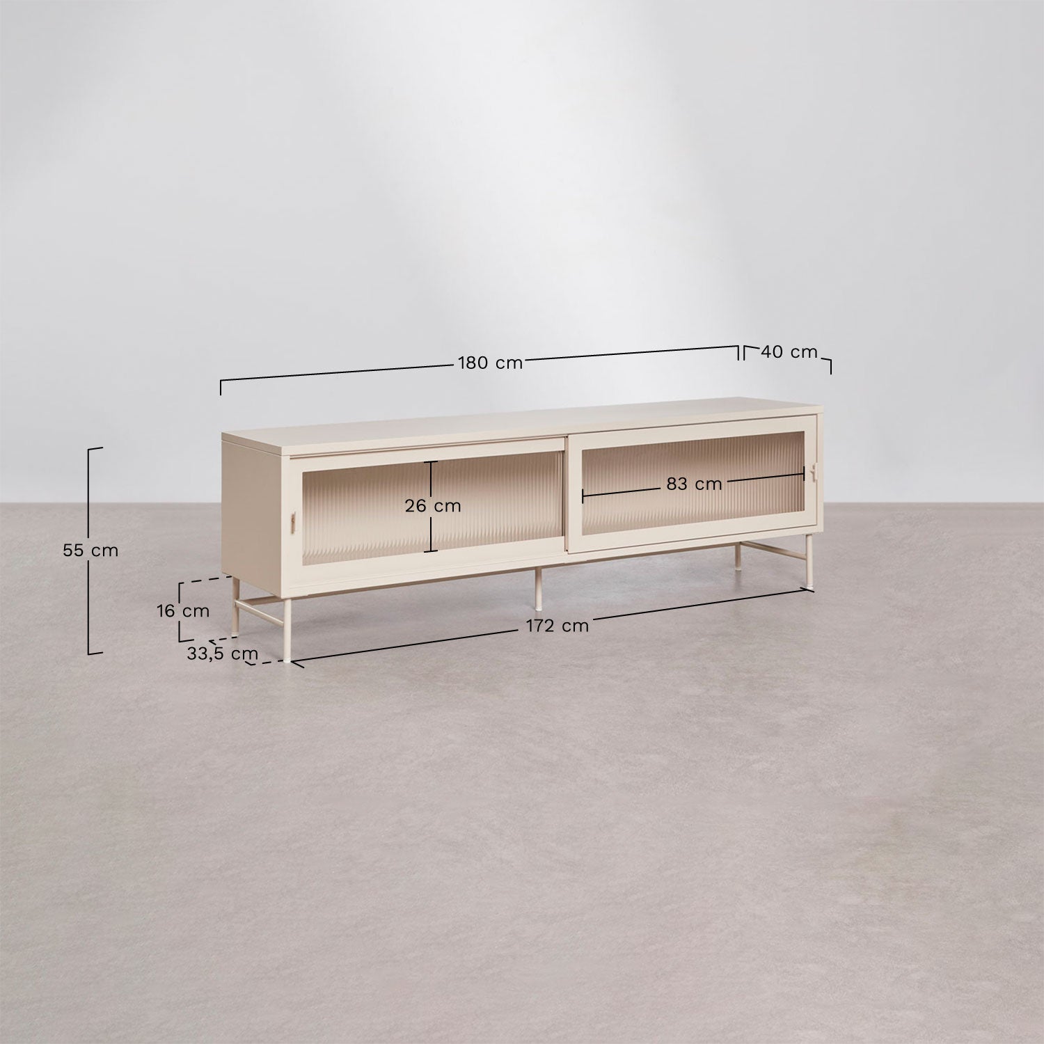 Meuble TV 180x40 cm en acier et verre Paoline