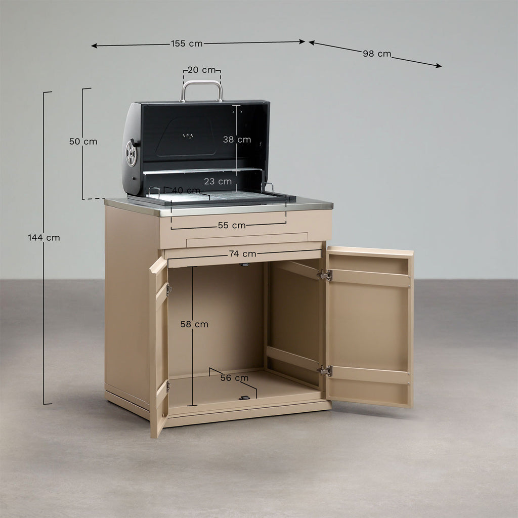 Module de rangement avec barbecue au charbon pour cuisine modulaire d'extérieur en acier Rivana