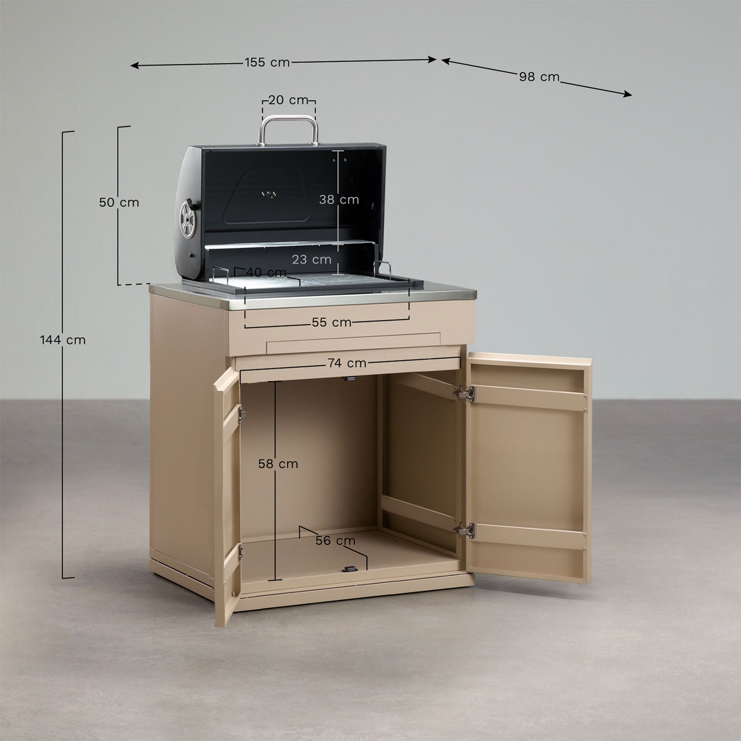 Module de rangement avec barbecue au charbon pour cuisine modulaire d'extérieur en acier Rivana